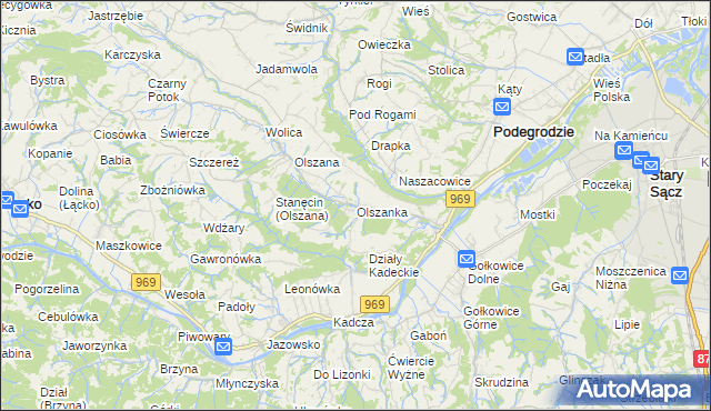 mapa Olszanka gmina Podegrodzie, Olszanka gmina Podegrodzie na mapie Targeo