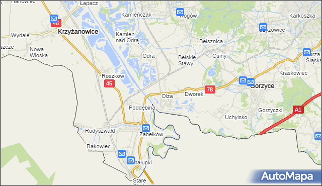 mapa Olza gmina Gorzyce, Olza gmina Gorzyce na mapie Targeo
