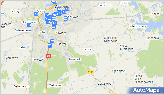 mapa Osiniec gmina Gniezno, Osiniec gmina Gniezno na mapie Targeo