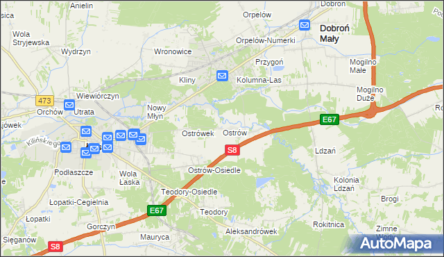 mapa Ostrów gmina Łask, Ostrów gmina Łask na mapie Targeo