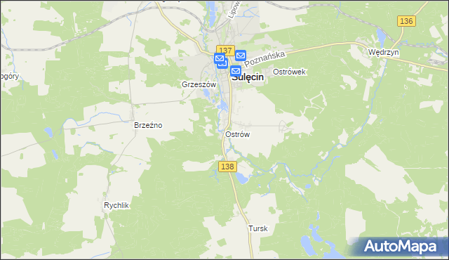 mapa Ostrów gmina Sulęcin, Ostrów gmina Sulęcin na mapie Targeo