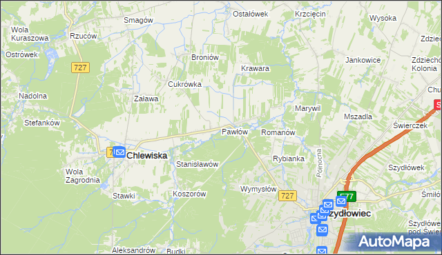mapa Pawłów gmina Chlewiska, Pawłów gmina Chlewiska na mapie Targeo