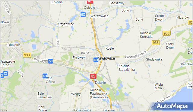 mapa Pawłowice powiat pszczyński, Pawłowice powiat pszczyński na mapie Targeo