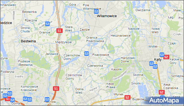 mapa Pisarzowice gmina Wilamowice, Pisarzowice gmina Wilamowice na mapie Targeo