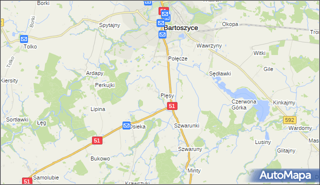 mapa Plęsy gmina Bartoszyce, Plęsy gmina Bartoszyce na mapie Targeo