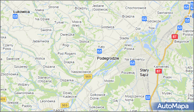 mapa Podegrodzie powiat nowosądecki, Podegrodzie powiat nowosądecki na mapie Targeo