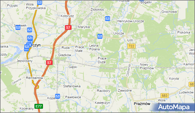 mapa Prace Duże, Prace Duże na mapie Targeo