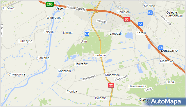 mapa Prądocin gmina Deszczno, Prądocin gmina Deszczno na mapie Targeo