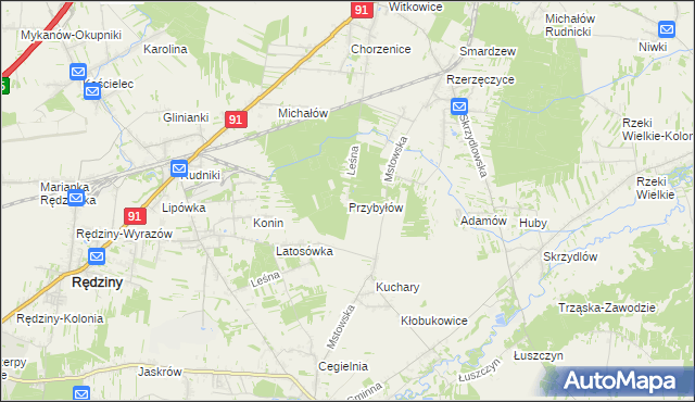 mapa Przybyłów gmina Kłomnice, Przybyłów gmina Kłomnice na mapie Targeo