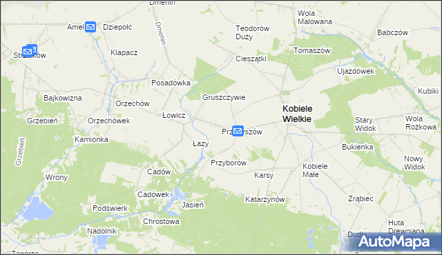 mapa Przybyszów gmina Kobiele Wielkie, Przybyszów gmina Kobiele Wielkie na mapie Targeo