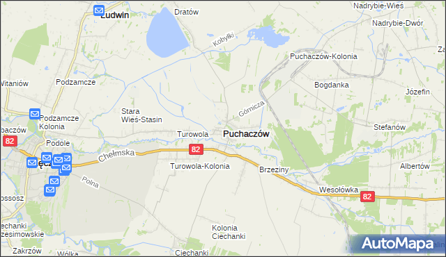 mapa Puchaczów powiat łęczyński, Puchaczów powiat łęczyński na mapie Targeo