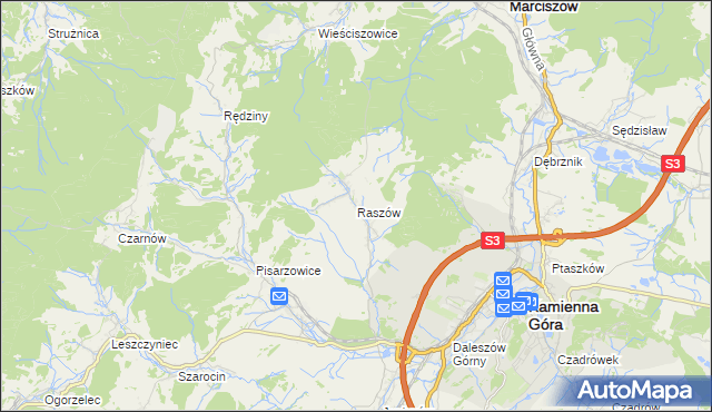 mapa Raszów gmina Kamienna Góra, Raszów gmina Kamienna Góra na mapie Targeo