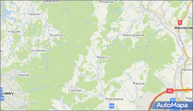 mapa Rędziny gmina Kamienna Góra, Rędziny gmina Kamienna Góra na mapie Targeo