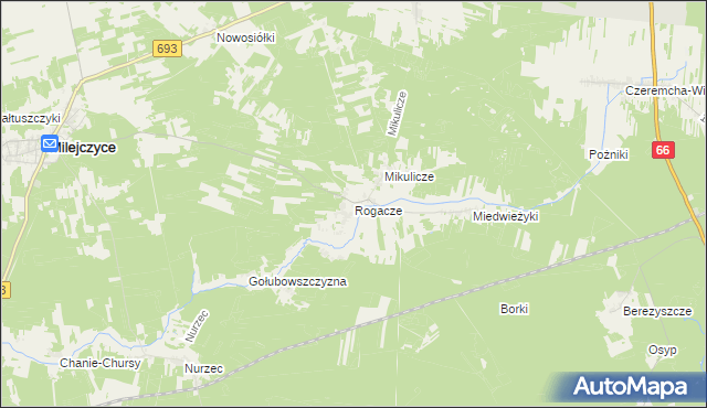 mapa Rogacze gmina Milejczyce, Rogacze gmina Milejczyce na mapie Targeo