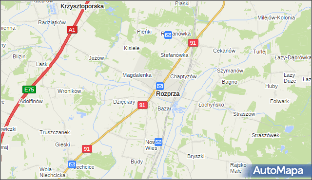mapa Rozprza powiat piotrkowski, Rozprza powiat piotrkowski na mapie Targeo