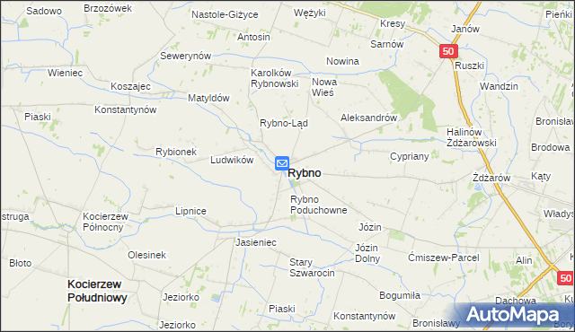 mapa Rybno powiat sochaczewski, Rybno powiat sochaczewski na mapie Targeo