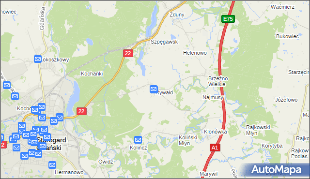 mapa Rywałd gmina Starogard Gdański, Rywałd gmina Starogard Gdański na mapie Targeo