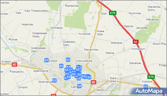 mapa Sieciechów gmina Kutno, Sieciechów gmina Kutno na mapie Targeo