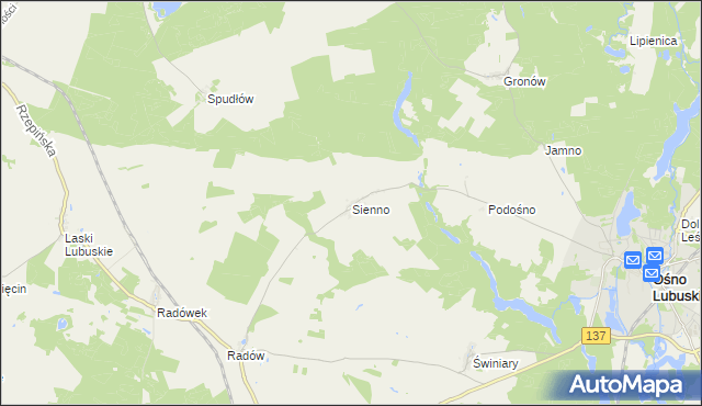 mapa Sienno gmina Ośno Lubuskie, Sienno gmina Ośno Lubuskie na mapie Targeo