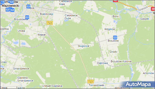 mapa Sługocice gmina Tomaszów Mazowiecki, Sługocice gmina Tomaszów Mazowiecki na mapie Targeo