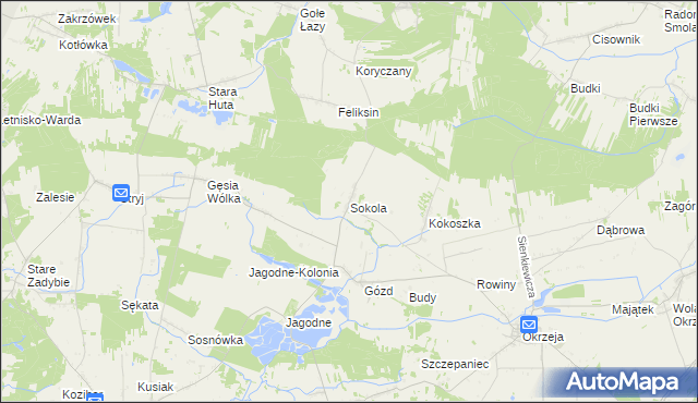 mapa Sokola gmina Kłoczew, Sokola gmina Kłoczew na mapie Targeo