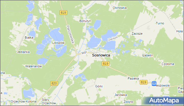 mapa Sosnowica powiat parczewski, Sosnowica powiat parczewski na mapie Targeo