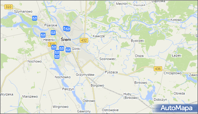 mapa Sosnowiec gmina Śrem, Sosnowiec gmina Śrem na mapie Targeo