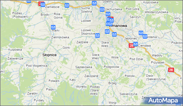 mapa Stara Wieś gmina Limanowa, Stara Wieś gmina Limanowa na mapie Targeo