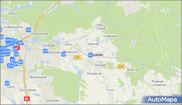 mapa Suszec powiat pszczyński, Suszec powiat pszczyński na mapie Targeo