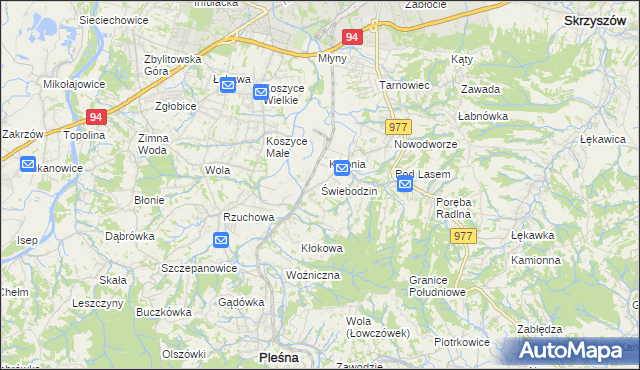 mapa Świebodzin gmina Pleśna, Świebodzin gmina Pleśna na mapie Targeo