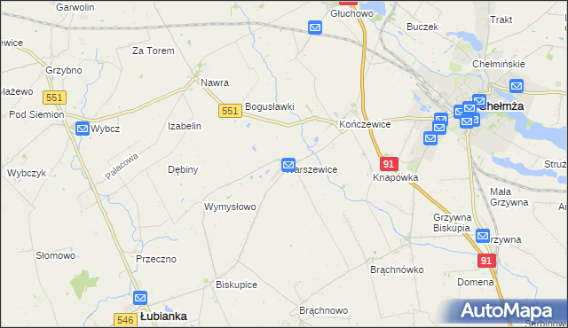 mapa Warszewice gmina Łubianka, Warszewice gmina Łubianka na mapie Targeo