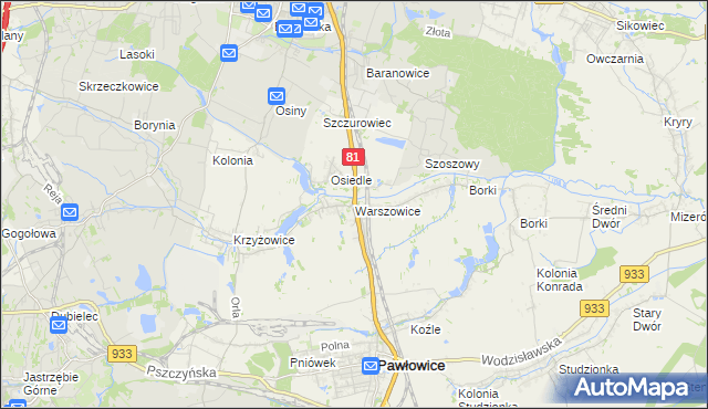 mapa Warszowice, Warszowice na mapie Targeo