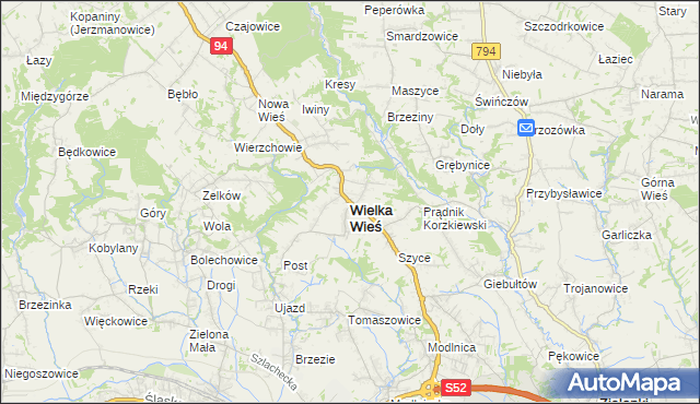 mapa Wielka Wieś powiat krakowski, Wielka Wieś powiat krakowski na mapie Targeo