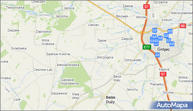 mapa Wilczogóra gmina Belsk Duży, Wilczogóra gmina Belsk Duży na mapie Targeo