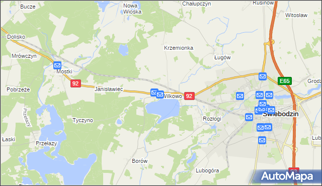 mapa Wilkowo gmina Świebodzin, Wilkowo gmina Świebodzin na mapie Targeo