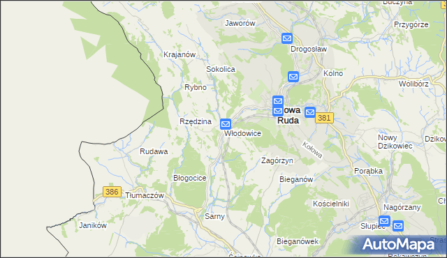 mapa Włodowice gmina Nowa Ruda, Włodowice gmina Nowa Ruda na mapie Targeo