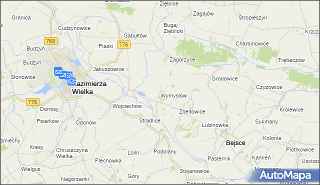 mapa Wymysłów gmina Kazimierza Wielka, Wymysłów gmina Kazimierza Wielka na mapie Targeo