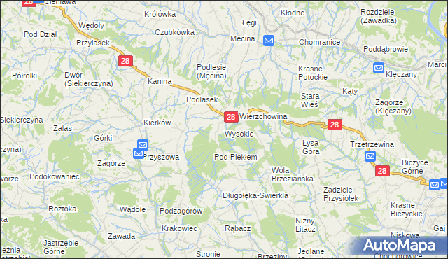 mapa Wysokie gmina Limanowa, Wysokie gmina Limanowa na mapie Targeo