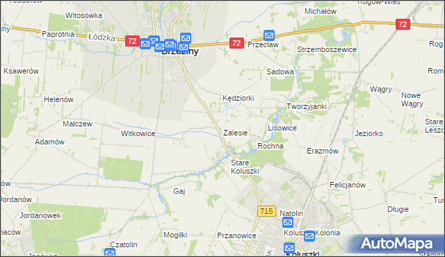 mapa Zalesie gmina Brzeziny, Zalesie gmina Brzeziny na mapie Targeo