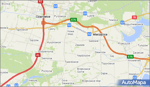 mapa Zawada gmina Mierzęcice, Zawada gmina Mierzęcice na mapie Targeo