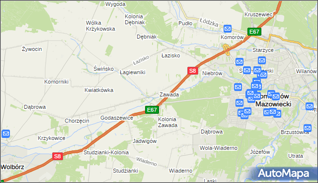 mapa Zawada gmina Tomaszów Mazowiecki, Zawada gmina Tomaszów Mazowiecki na mapie Targeo