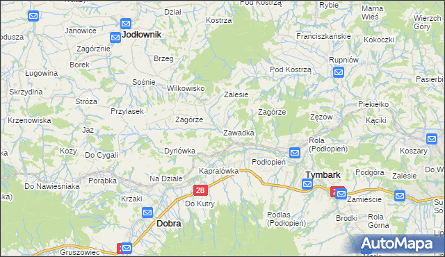 mapa Zawadka gmina Tymbark, Zawadka gmina Tymbark na mapie Targeo