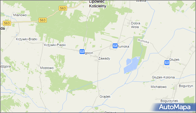 mapa Zawady gmina Lipowiec Kościelny, Zawady gmina Lipowiec Kościelny na mapie Targeo