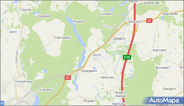 mapa Zduny gmina Starogard Gdański, Zduny gmina Starogard Gdański na mapie Targeo