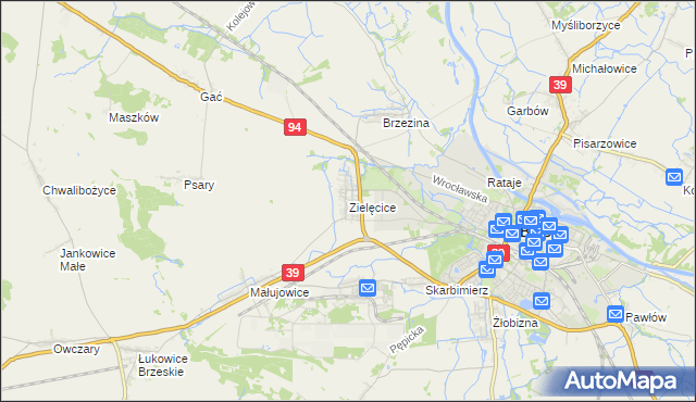mapa Zielęcice gmina Skarbimierz, Zielęcice gmina Skarbimierz na mapie Targeo