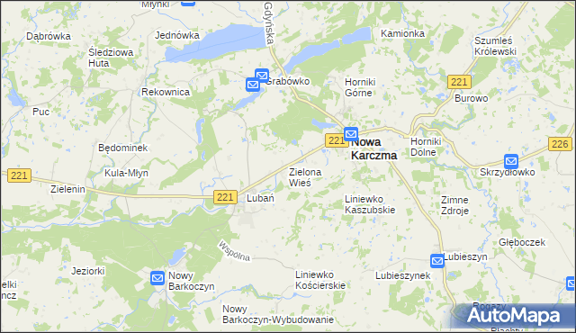 mapa Zielona Wieś gmina Nowa Karczma, Zielona Wieś gmina Nowa Karczma na mapie Targeo