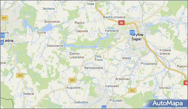 mapa Złoty Potok gmina Leśna, Złoty Potok gmina Leśna na mapie Targeo