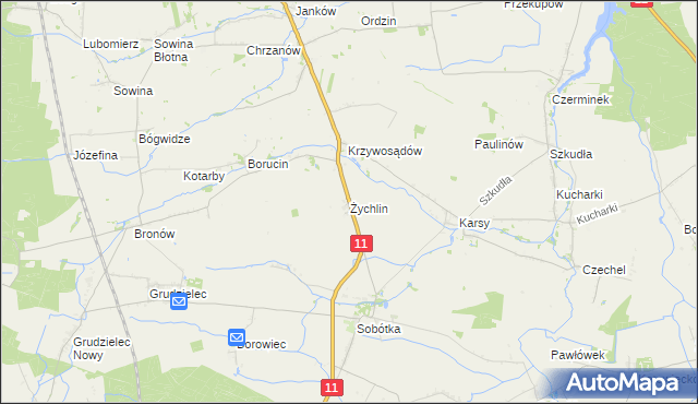 mapa Żychlin gmina Gołuchów, Żychlin gmina Gołuchów na mapie Targeo