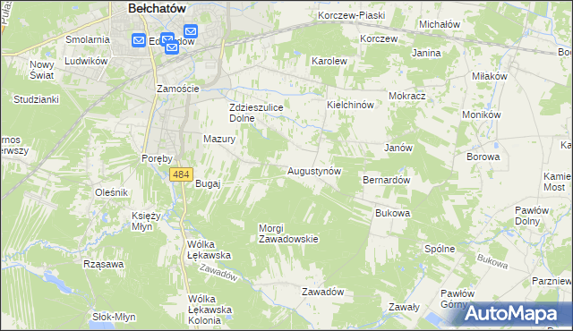 mapa Augustynów gmina Bełchatów, Augustynów gmina Bełchatów na mapie Targeo