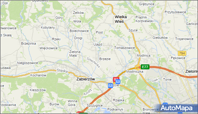 mapa Brzezie gmina Zabierzów, Brzezie gmina Zabierzów na mapie Targeo